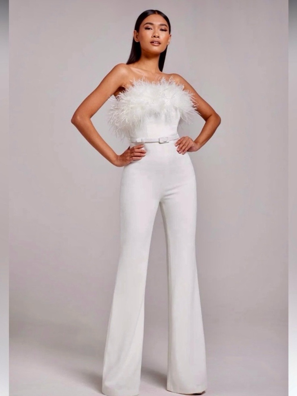NADINE MERABI White Strapless Feather-Bodice Wide-Leg Jumpsuit